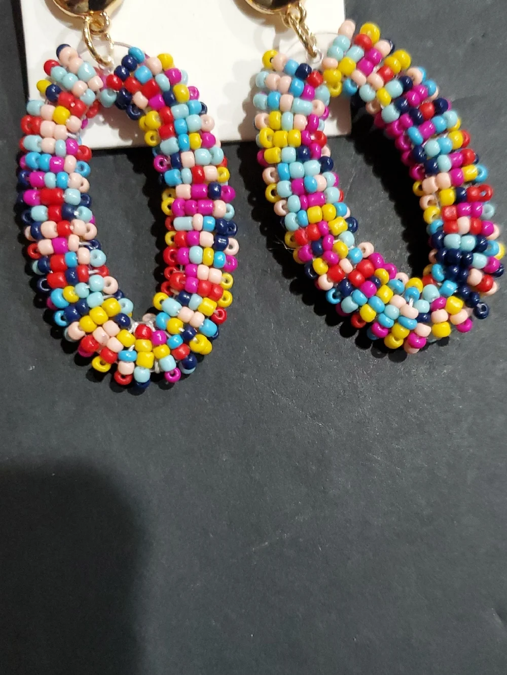 Lucky Brand multi-colored beaded gold stamped oversized oval two tiered earrings